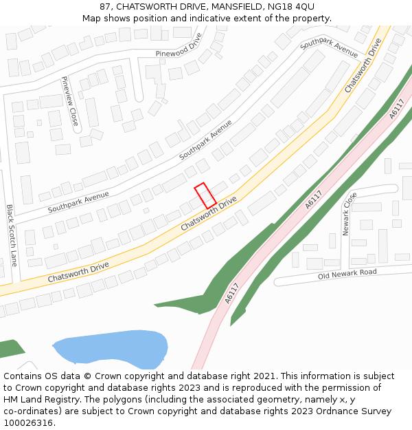 87, CHATSWORTH DRIVE, MANSFIELD, NG18 4QU: Location map and indicative extent of plot