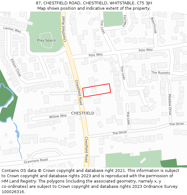 87, CHESTFIELD ROAD, CHESTFIELD, WHITSTABLE, CT5 3JH: Location map and indicative extent of plot