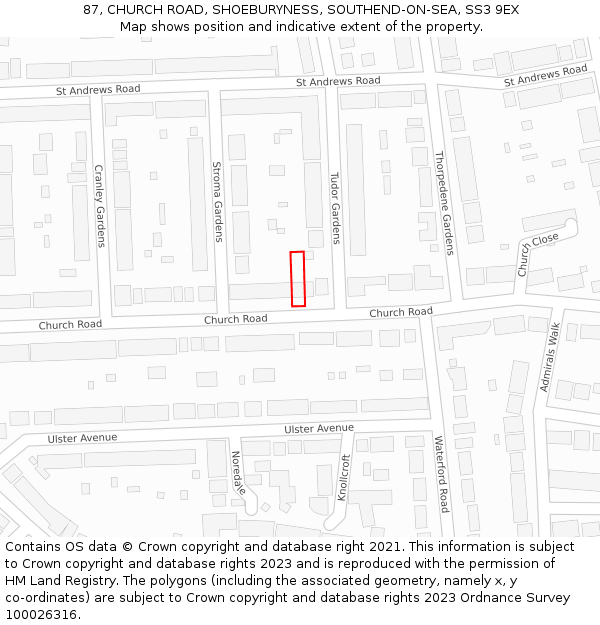 87, CHURCH ROAD, SHOEBURYNESS, SOUTHEND-ON-SEA, SS3 9EX: Location map and indicative extent of plot