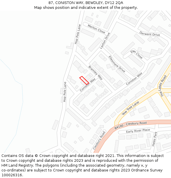 87, CONISTON WAY, BEWDLEY, DY12 2QA: Location map and indicative extent of plot