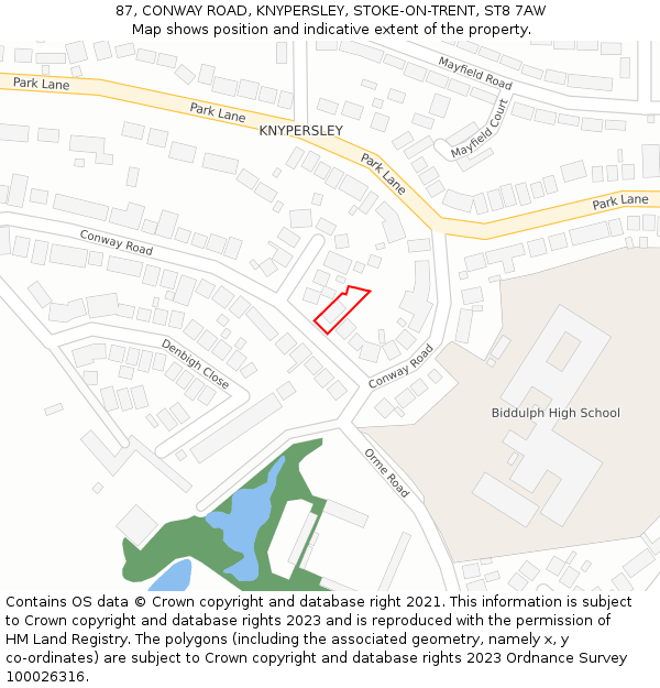 87, CONWAY ROAD, KNYPERSLEY, STOKE-ON-TRENT, ST8 7AW: Location map and indicative extent of plot