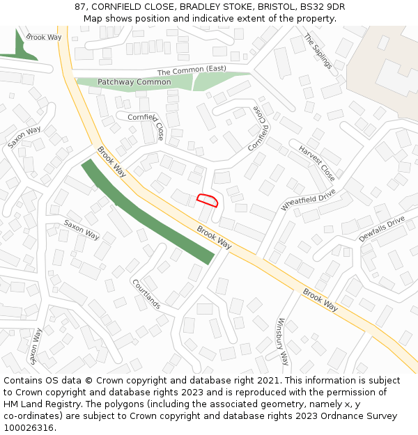 87, CORNFIELD CLOSE, BRADLEY STOKE, BRISTOL, BS32 9DR: Location map and indicative extent of plot