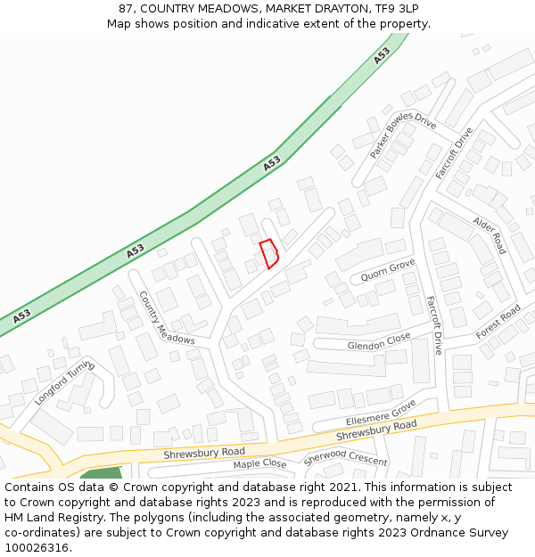 87, COUNTRY MEADOWS, MARKET DRAYTON, TF9 3LP: Location map and indicative extent of plot