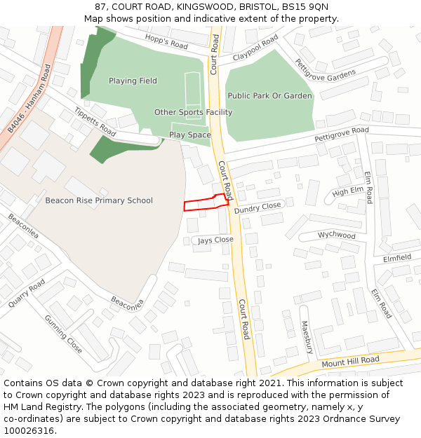 87, COURT ROAD, KINGSWOOD, BRISTOL, BS15 9QN: Location map and indicative extent of plot