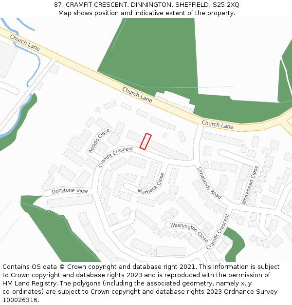 87, CRAMFIT CRESCENT, DINNINGTON, SHEFFIELD, S25 2XQ: Location map and indicative extent of plot