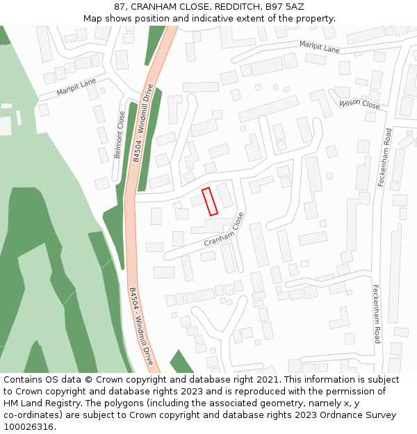 87, CRANHAM CLOSE, REDDITCH, B97 5AZ: Location map and indicative extent of plot