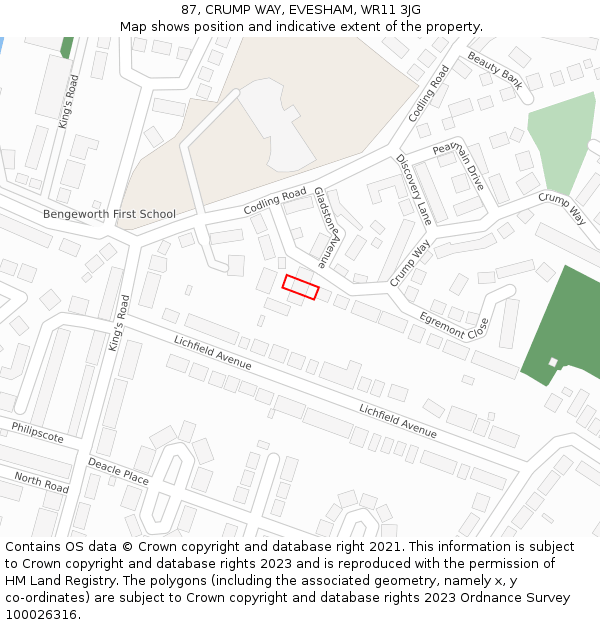 87, CRUMP WAY, EVESHAM, WR11 3JG: Location map and indicative extent of plot