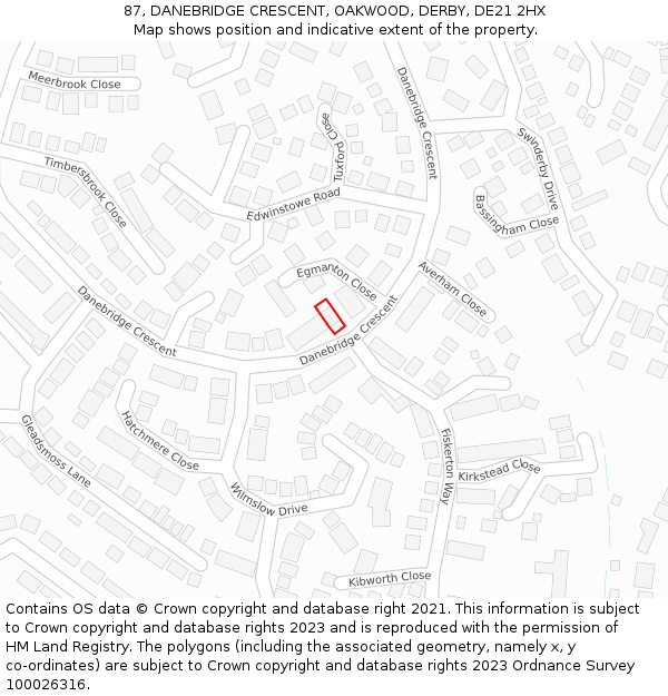 87, DANEBRIDGE CRESCENT, OAKWOOD, DERBY, DE21 2HX: Location map and indicative extent of plot