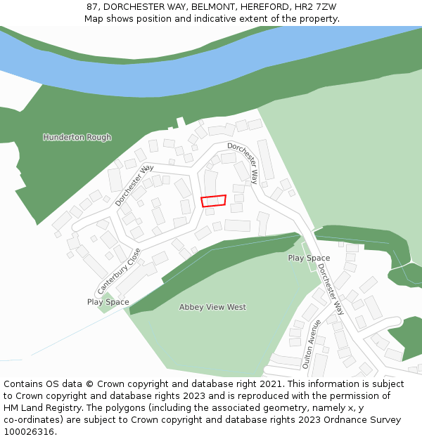 87, DORCHESTER WAY, BELMONT, HEREFORD, HR2 7ZW: Location map and indicative extent of plot