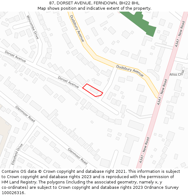 87, DORSET AVENUE, FERNDOWN, BH22 8HL: Location map and indicative extent of plot