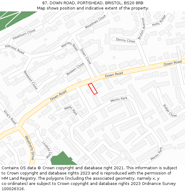 87, DOWN ROAD, PORTISHEAD, BRISTOL, BS20 8RB: Location map and indicative extent of plot