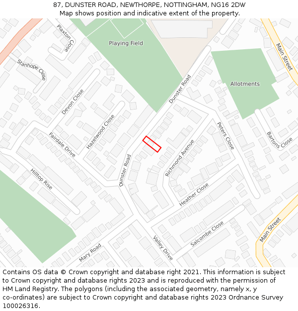 87, DUNSTER ROAD, NEWTHORPE, NOTTINGHAM, NG16 2DW: Location map and indicative extent of plot