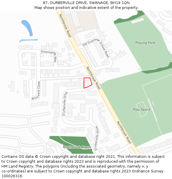 87, DURBERVILLE DRIVE, SWANAGE, BH19 1QN: Location map and indicative extent of plot