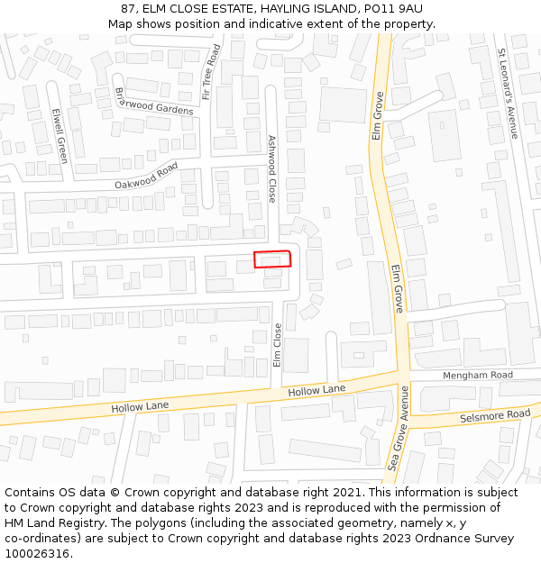 87, ELM CLOSE ESTATE, HAYLING ISLAND, PO11 9AU: Location map and indicative extent of plot