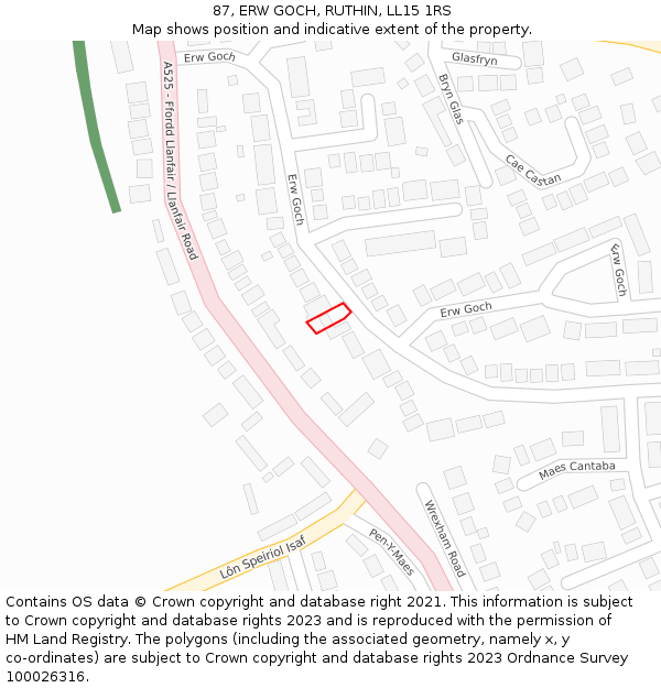 87, ERW GOCH, RUTHIN, LL15 1RS: Location map and indicative extent of plot