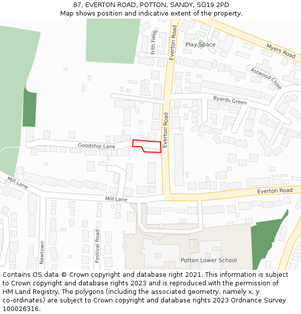 87, EVERTON ROAD, POTTON, SANDY, SG19 2PD: Location map and indicative extent of plot