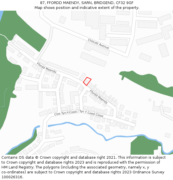 87, FFORDD MAENDY, SARN, BRIDGEND, CF32 9GF: Location map and indicative extent of plot