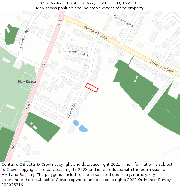 87, GRANGE CLOSE, HORAM, HEATHFIELD, TN21 0EG: Location map and indicative extent of plot