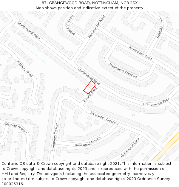 87, GRANGEWOOD ROAD, NOTTINGHAM, NG8 2SX: Location map and indicative extent of plot