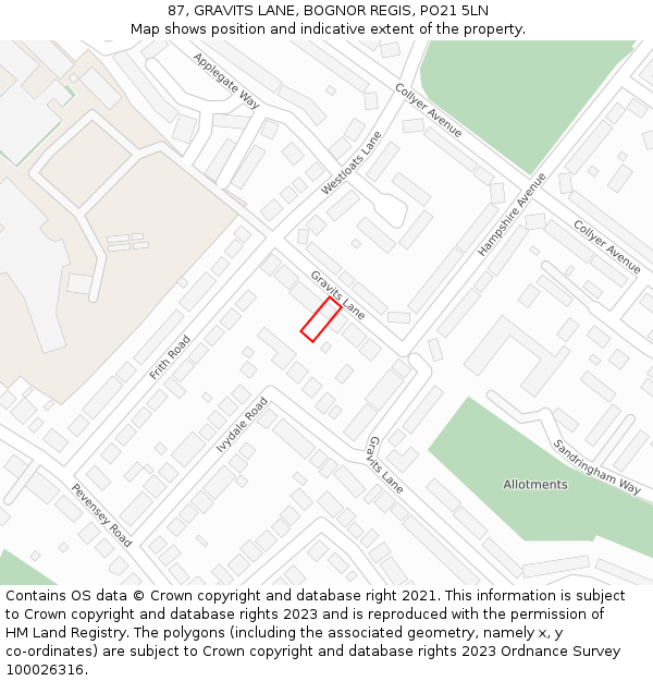 87, GRAVITS LANE, BOGNOR REGIS, PO21 5LN: Location map and indicative extent of plot