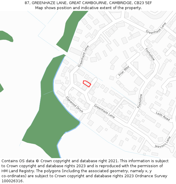 87, GREENHAZE LANE, GREAT CAMBOURNE, CAMBRIDGE, CB23 5EF: Location map and indicative extent of plot