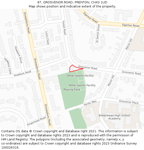 87, GROSVENOR ROAD, PRENTON, CH43 1UD: Location map and indicative extent of plot