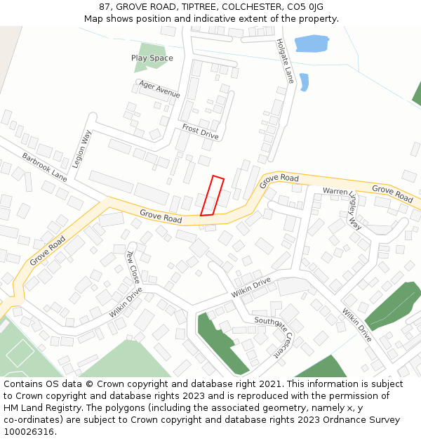 87, GROVE ROAD, TIPTREE, COLCHESTER, CO5 0JG: Location map and indicative extent of plot
