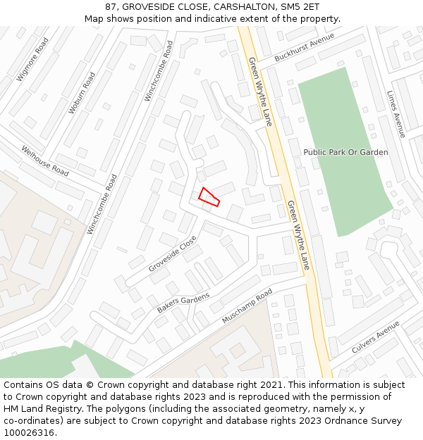 87, GROVESIDE CLOSE, CARSHALTON, SM5 2ET: Location map and indicative extent of plot