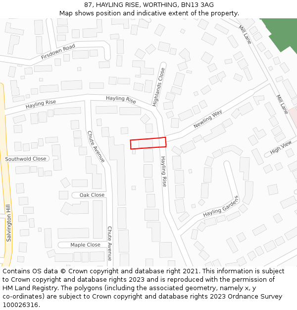 87, HAYLING RISE, WORTHING, BN13 3AG: Location map and indicative extent of plot