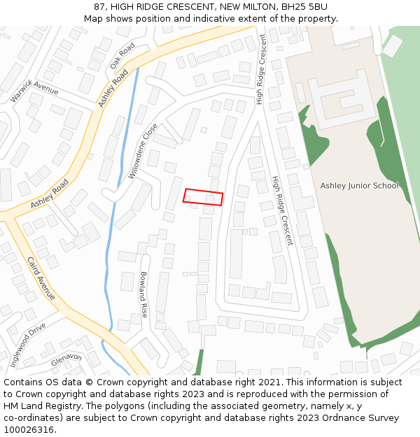87, HIGH RIDGE CRESCENT, NEW MILTON, BH25 5BU: Location map and indicative extent of plot