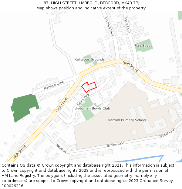 87, HIGH STREET, HARROLD, BEDFORD, MK43 7BJ: Location map and indicative extent of plot