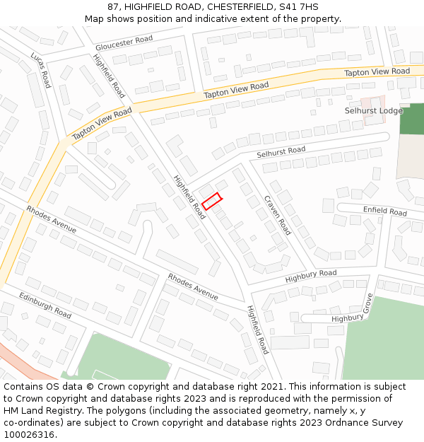 87, HIGHFIELD ROAD, CHESTERFIELD, S41 7HS: Location map and indicative extent of plot