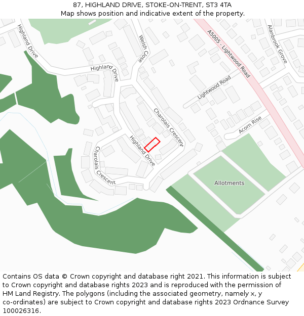 87, HIGHLAND DRIVE, STOKE-ON-TRENT, ST3 4TA: Location map and indicative extent of plot