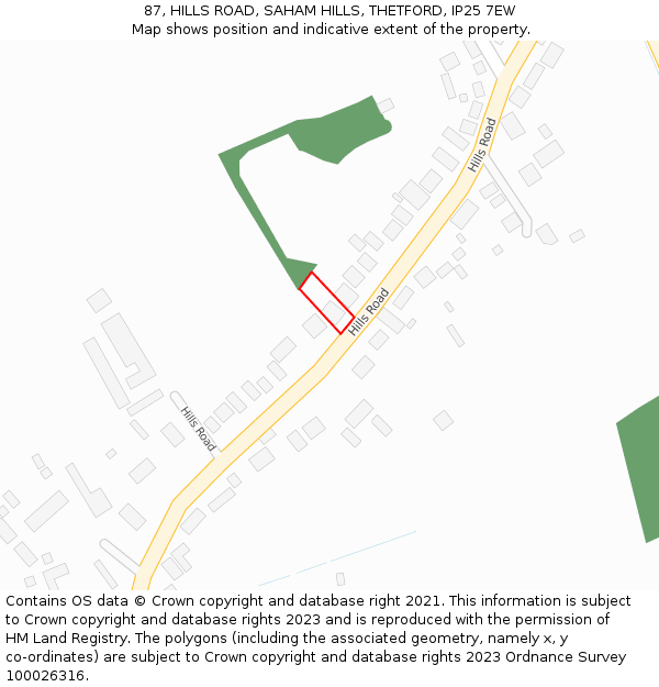 87, HILLS ROAD, SAHAM HILLS, THETFORD, IP25 7EW: Location map and indicative extent of plot