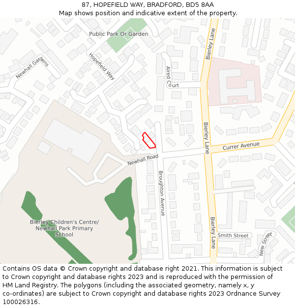 87, HOPEFIELD WAY, BRADFORD, BD5 8AA: Location map and indicative extent of plot