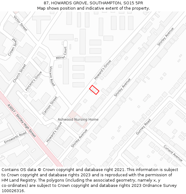87, HOWARDS GROVE, SOUTHAMPTON, SO15 5PR: Location map and indicative extent of plot