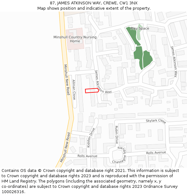 87, JAMES ATKINSON WAY, CREWE, CW1 3NX: Location map and indicative extent of plot