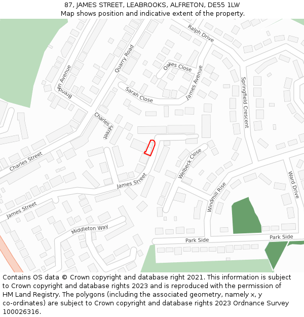 87, JAMES STREET, LEABROOKS, ALFRETON, DE55 1LW: Location map and indicative extent of plot