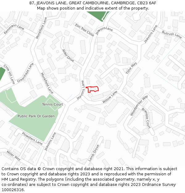 87, JEAVONS LANE, GREAT CAMBOURNE, CAMBRIDGE, CB23 6AF: Location map and indicative extent of plot