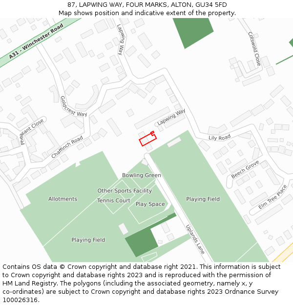 87, LAPWING WAY, FOUR MARKS, ALTON, GU34 5FD: Location map and indicative extent of plot