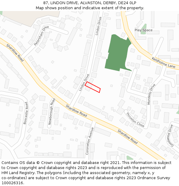 87, LINDON DRIVE, ALVASTON, DERBY, DE24 0LP: Location map and indicative extent of plot