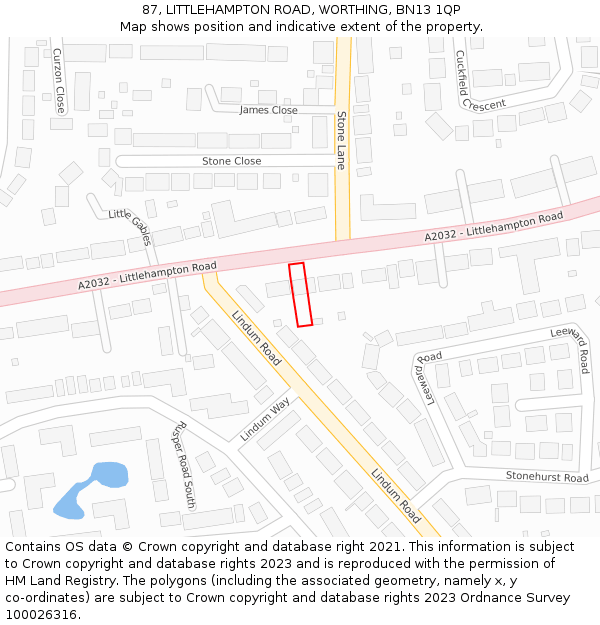87, LITTLEHAMPTON ROAD, WORTHING, BN13 1QP: Location map and indicative extent of plot