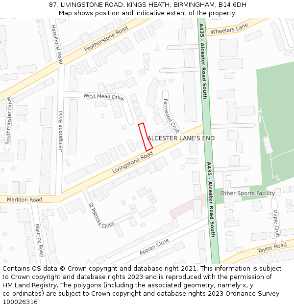 87, LIVINGSTONE ROAD, KINGS HEATH, BIRMINGHAM, B14 6DH: Location map and indicative extent of plot