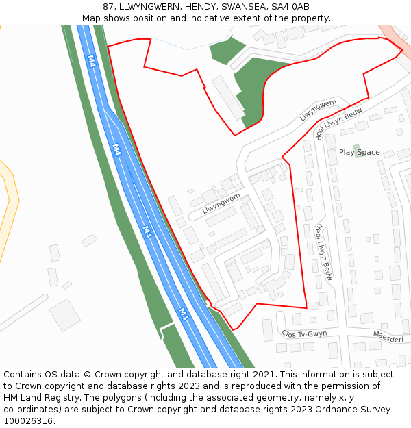 87, LLWYNGWERN, HENDY, SWANSEA, SA4 0AB: Location map and indicative extent of plot