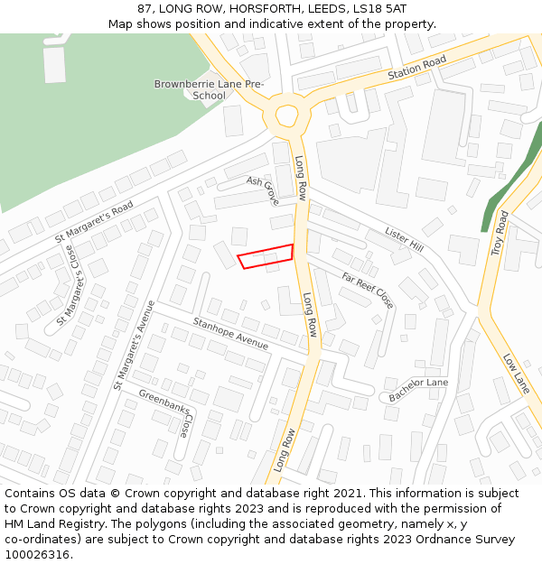 87, LONG ROW, HORSFORTH, LEEDS, LS18 5AT: Location map and indicative extent of plot
