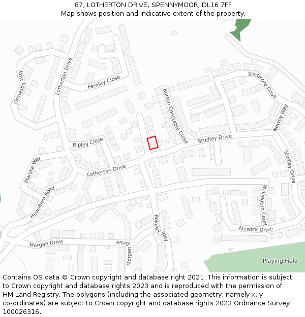 87, LOTHERTON DRIVE, SPENNYMOOR, DL16 7FF: Location map and indicative extent of plot