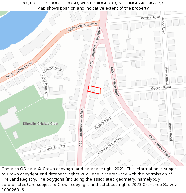 87, LOUGHBOROUGH ROAD, WEST BRIDGFORD, NOTTINGHAM, NG2 7JX: Location map and indicative extent of plot