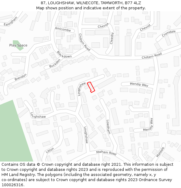 87, LOUGHSHAW, WILNECOTE, TAMWORTH, B77 4LZ: Location map and indicative extent of plot