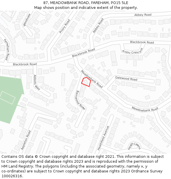 87, MEADOWBANK ROAD, FAREHAM, PO15 5LE: Location map and indicative extent of plot