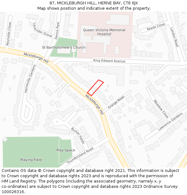 87, MICKLEBURGH HILL, HERNE BAY, CT6 6JX: Location map and indicative extent of plot